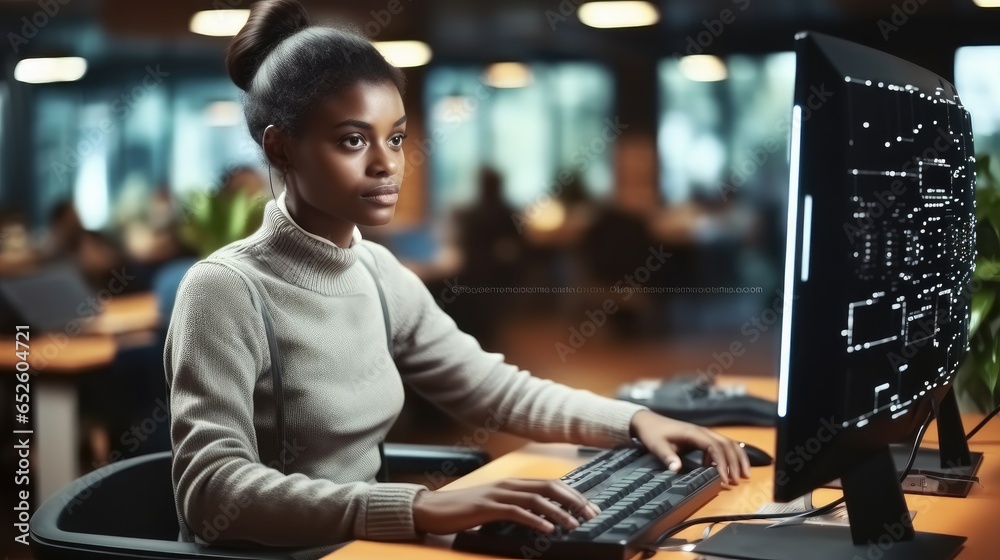 Leinwandbilder Black woman Tech engineer creating machine learning software to be used as an autonomous virtual entity, Programming script in cyberspace.