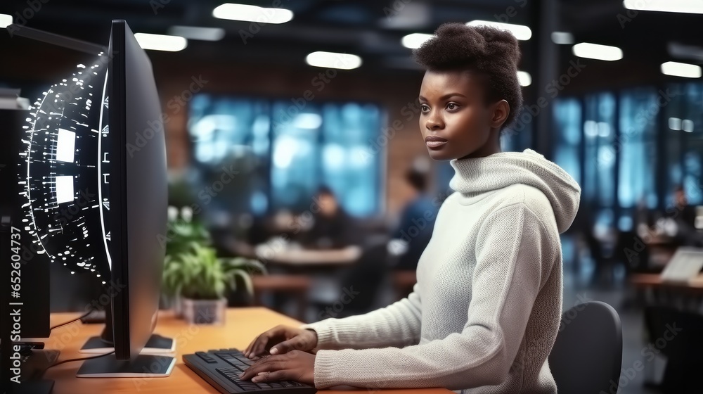 Leinwandbilder Black woman Tech engineer creating machine learning software to be used as an autonomous virtual entity, Programming script in cyberspace.