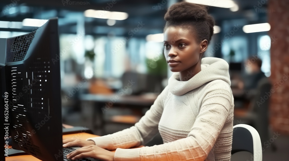 Leinwandbilder Black woman Tech engineer creating machine learning software to be used as an autonomous virtual entity, Programming script in cyberspace.