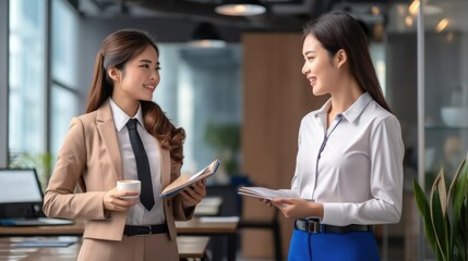 Two Asian business woman doing discussion and working in the office together.