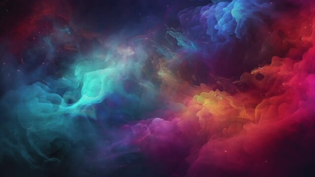 abstract splash watercolor hand drawn on dark background. Fantasy sky with colorful smokes. Seamless and infinity looping video animation background. 