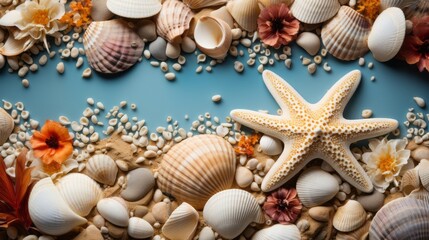 Fototapeta na wymiar Sea sandy beach background with seashells and starfish.