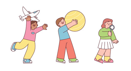 World children day. Children holding toy airplane, rubber ball and magnifying glass. Children of various races around the world.