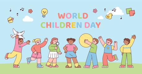 World children day. Cute children are standing together and having fun. Children of various races around the world.