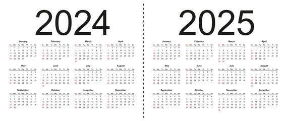 Calendar 2024, 2025. Week starts from Sunday, business template. Isolated vector illustration on white background.