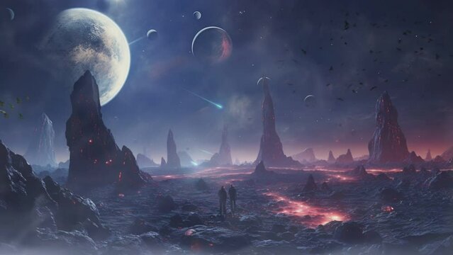 meteor shower, realistic blue cosmic illustration style., seamless looping virtual video animation background