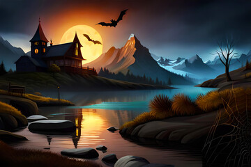 Halloween landscape with mountains and lake