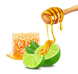 dripping honey, honeycomb and lime isolated on white background
