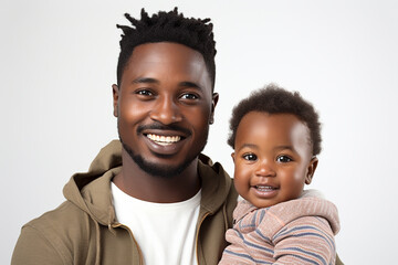 Studio portrait of handsome man holding infant baby in his hands on different colour background