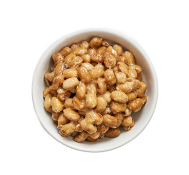flat lay top view overhead natto or fermented soybean in white bowl isolated background. natto or fermented soybean in white bowl isolated. close up natto or fermented soybean in white bowl food