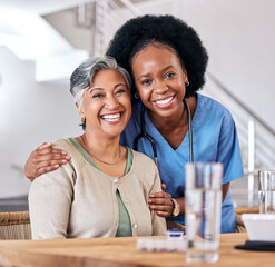Portrait, smile and assisted living caregiver with an old woman in the living room of a home...