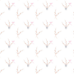 seamless watercolor pattern of willow branch in a bucket. Easter elegant pattern for printing on textiles, tablecloths, bedspreads, napkins. Happy Easter festive pattern.