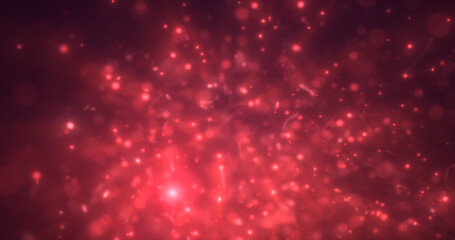 Abstract red energy particles and dots glowing flying sparks festive with bokeh effect and blur background