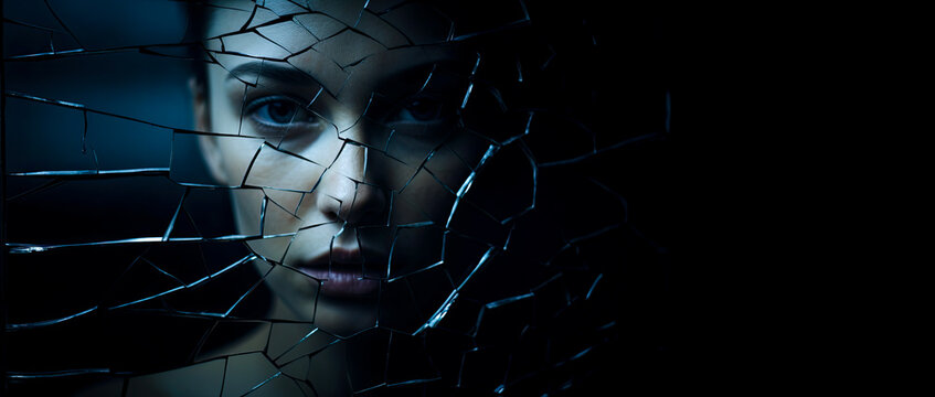 Depression's Reflection: A Woman Stares At A Cracked Mirror. Self Hate and Solemn Face