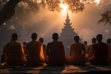 Monks meditate in the temple against the morning dawn light. Generative AI