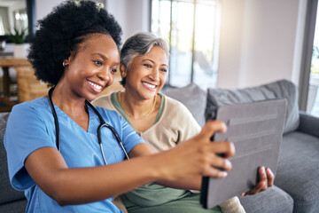 Selfie, tablet and assisted living caregiver with an old woman in the living room of a home together. Smile, support or community with a happy nurse or volunteer and senior patient in a house - obrazy, fototapety, plakaty