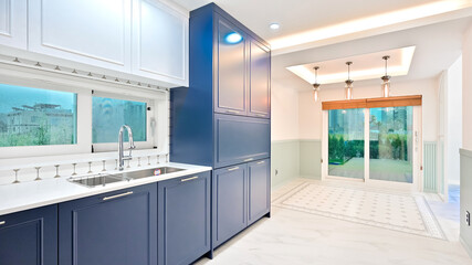 Blue kitchen furniture is easy to maintain and gives a refreshing feel