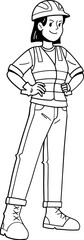 The builder woman outline cartoon character, coloring page