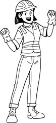 The builder woman outline cartoon character, coloring page
