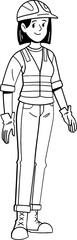 The builder woman outline cartoon character, coloring page