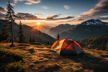 Elevated Adventure: A Camping Tent Set Amidst the Mountain Peaks at Sunset