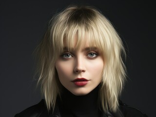 Fototapeta premium Close-Up Portrait of a Fictional Model Woman with Stylish Dyed Blond Mid-Short French Bob Haircut on a Neutral Background. Hairstyle for Women Hair Salon. Generative AI. 