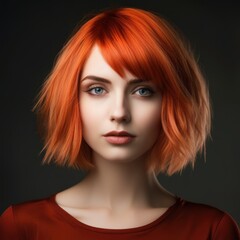 Close-Up Portrait of a Fictional Redhead Model Woman with Stylish Mid-Short French Bob Haircut on a Neutral Background. Hairstyle for Women Hair Salon. Generative AI. 