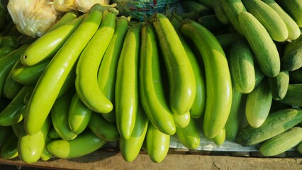 Piles of fresh green eggplants ready for sale