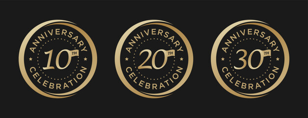 Circle gold 10, 20, 30 anniversary logo vector design illustration. Set anniversary celebration logotype emblem badge