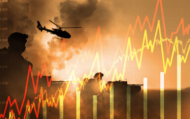 War, finance chart and double exposure for trading, tank or helicopter for soldier on battlefield....