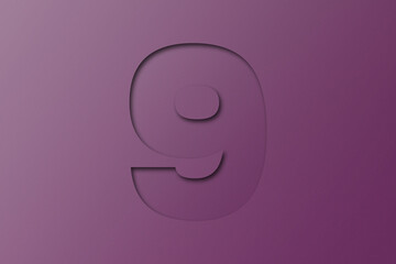 Dark purple confetti font number 9 isolated on dark purple background.