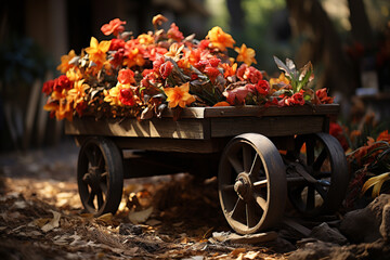 Wooden cart with red and yellow flowers in the autumn garden