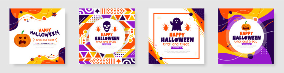 Fototapeta premium 31 October happy Halloween social media post banner design template set with pumpkins and boo. use to background, banner, placard, party invitation card, book cover and poster design.