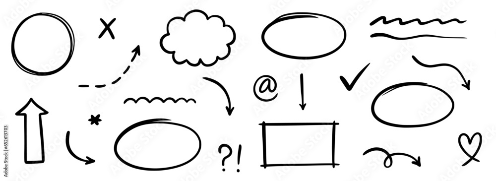 Poster hand drawn line arrow, sketch underline, round frame element set. scribble sketch pencil stroke circ