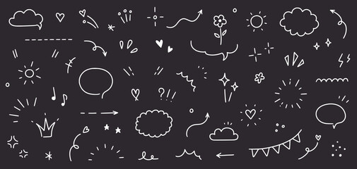 Cute line icon sketch element on chalkboard background. Hand drawn line sketch text decoration star sparkle, arrow, heart element set. Simple drawn sun sparkle, flower, emphasis. Vector illustration © Polina Tomtosova