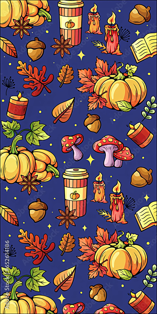 Wall mural pattern with pumpkins and flowers