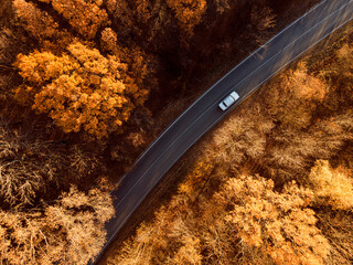 Aerial view of rural road with car in yellow and orange au