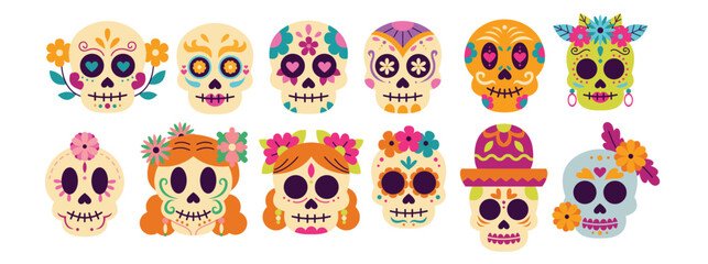 Dia de los muertos sugar skull collection. Set of dia de los muertos sugar skull vector illustration