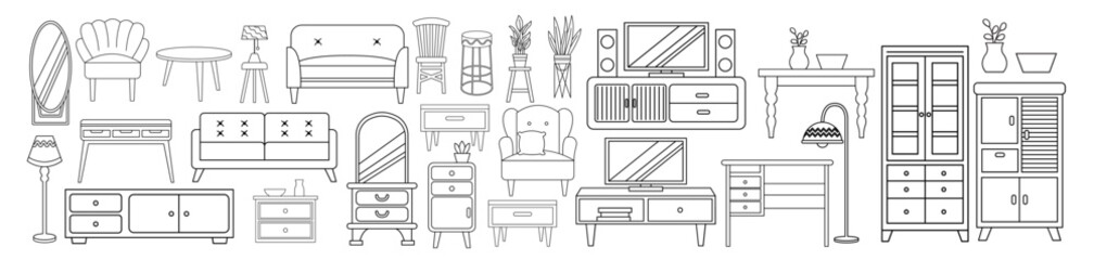 Set of furniture vector lined. Furniture outline style vector illustration