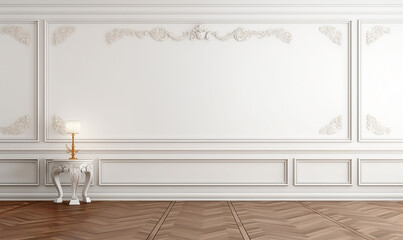 elegant empty room featuring a pristine white wall adorned with classic style mouldings