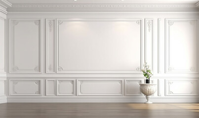 elegant empty room featuring a pristine white wall adorned with classic style mouldings - obrazy, fototapety, plakaty