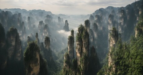 China's Zhangjiajie National Park in the fog - obrazy, fototapety, plakaty