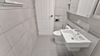 The most common bathroom layout is a toilet with a sink and a shower area with a glass partition