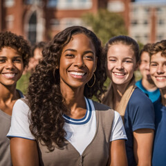 Fototapeta premium A diverse group of students, representing various ethnicities and backgrounds, coming together on the school campus, fostering unity and embracing the richness of diversity
