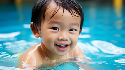 Fototapeta na wymiar プールで遊ぶ幼児の笑顔