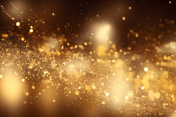 Golden Shiny glitter lights abstract luxury blurry bokeh circles on brown background, defocused. Generative Ai
