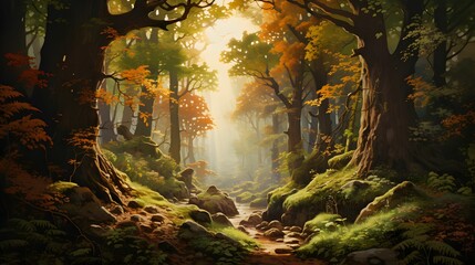 Enchanted mystical forest in watercolor style. Generative AI - obrazy, fototapety, plakaty