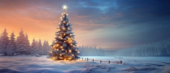 The snow covered Christmas tree contrasts with the dark blue background. Christmas concept.