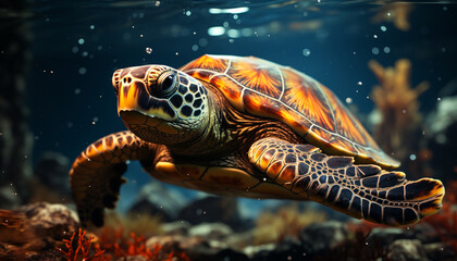 A beautiful sea turtle swimming in the underwater paradise generated by AI