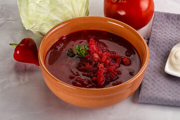 Borsch soup with cabbage and beetroot